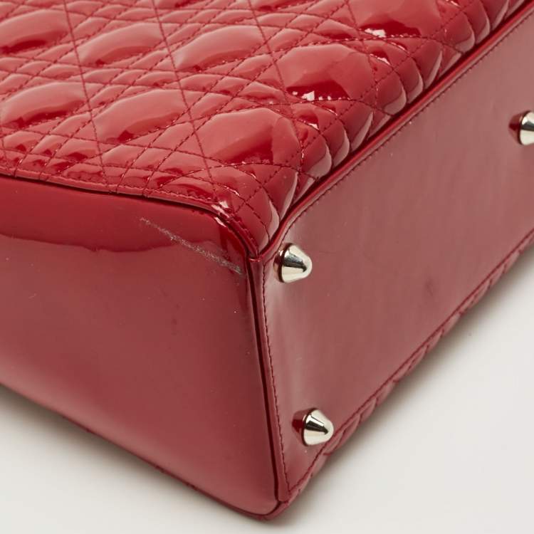 Pre Owned Dior Lady Dior Large Red Cannage Patent Leather Tote