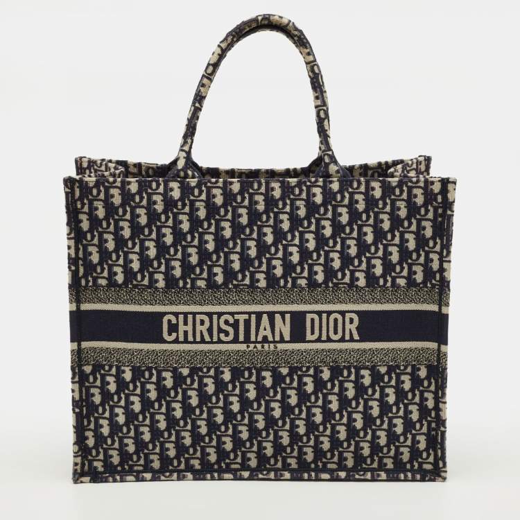 Pre Owned Dior Book Large Navy Blue Oblique Embroidered Canvas Tote
