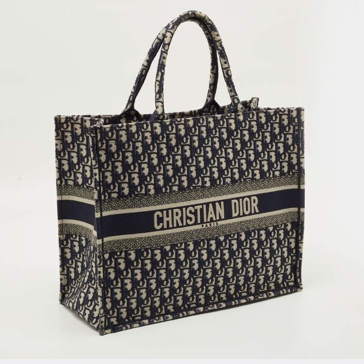 Pre Owned Dior Book Large Navy Blue Oblique Embroidered Canvas Tote