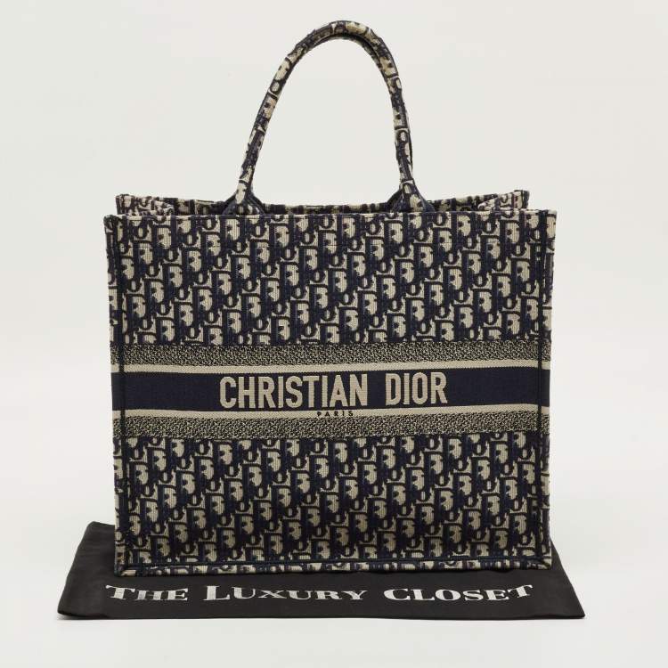 Pre Owned Dior Book Large Navy Blue Oblique Embroidered Canvas Tote