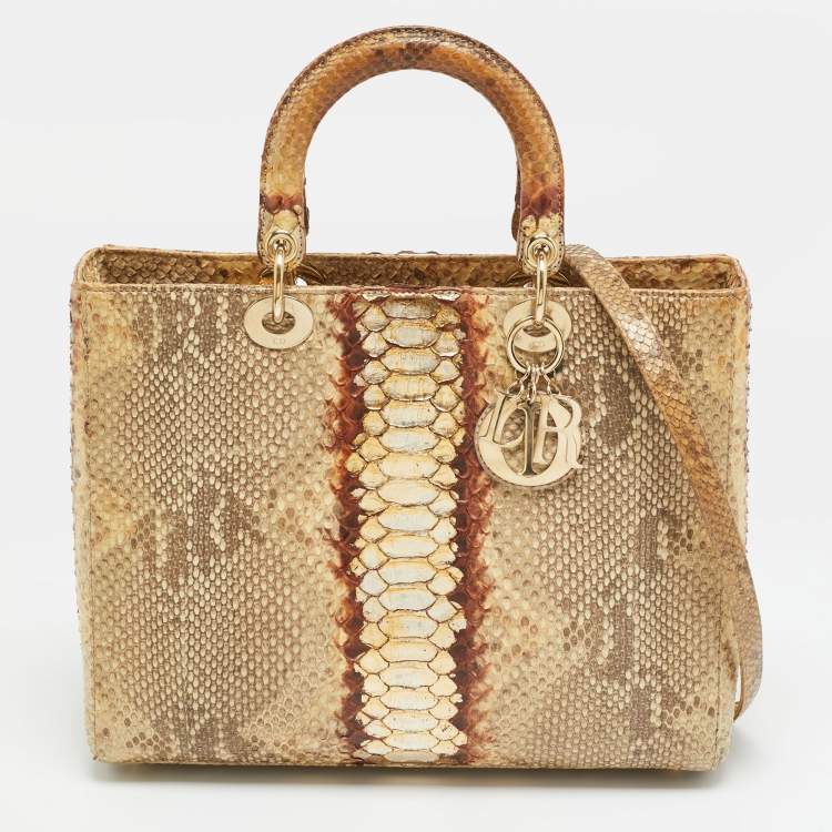Pre Owned Dior Lady Dior Large Gold Python Tote