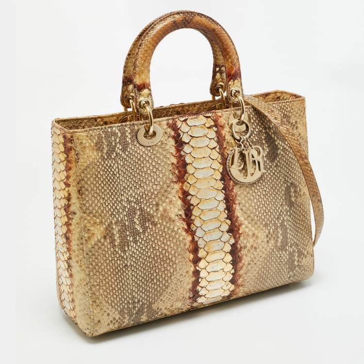 Pre Owned Dior Lady Dior Large Gold Python Tote