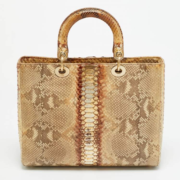 Pre Owned Dior Lady Dior Large Gold Python Tote