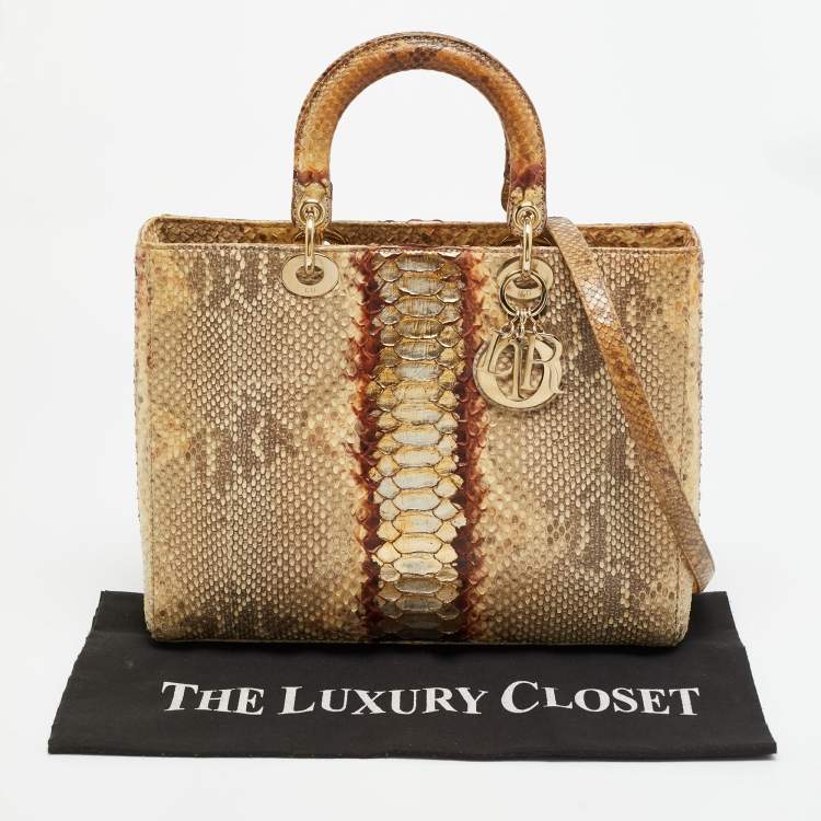 Pre Owned Dior Lady Dior Large Gold Python Tote