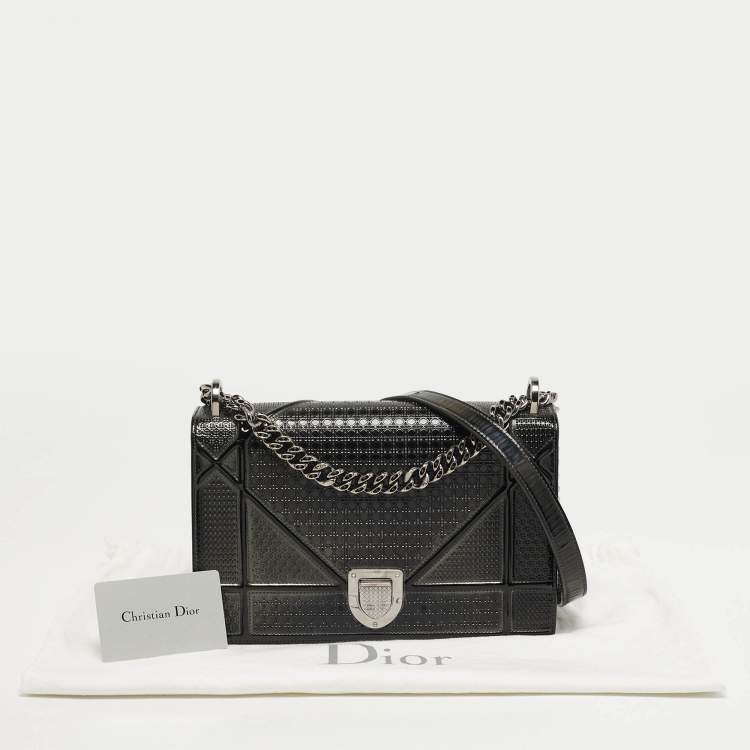 Pre Owned Dior Diorama Medium Dark Grey Metallic Micro Cannage Patent Leather Shoulder Bag