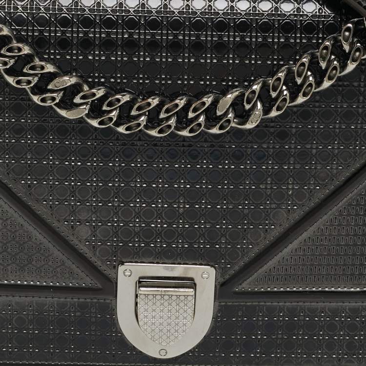 Pre Owned Dior Diorama Medium Dark Grey Metallic Micro Cannage Patent Leather Shoulder Bag