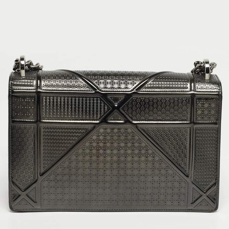 Pre Owned Dior Diorama Medium Dark Grey Metallic Micro Cannage Patent Leather Shoulder Bag
