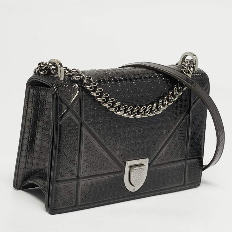 Pre Owned Dior Diorama Medium Dark Grey Metallic Micro Cannage Patent Leather Shoulder Bag