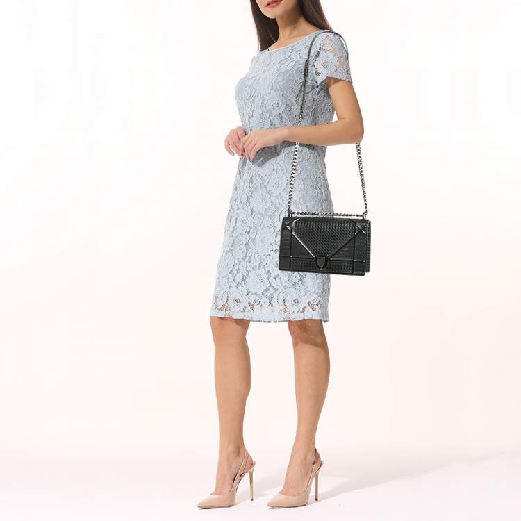 Pre Owned Dior Diorama Medium Dark Grey Metallic Micro Cannage Patent Leather Shoulder Bag