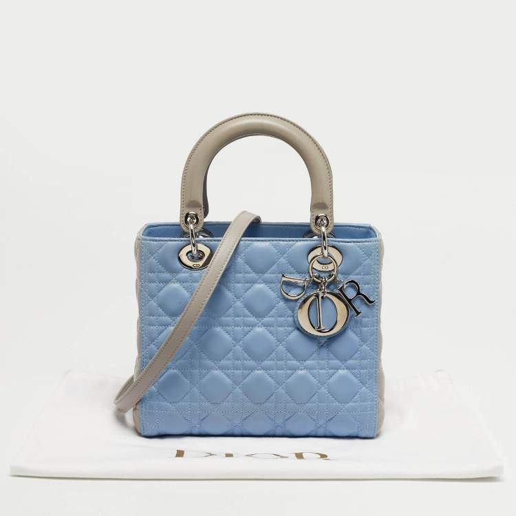 Pre Owned Dior Lady Dior Light Blue/Grey Medium Cannage Leather Tote