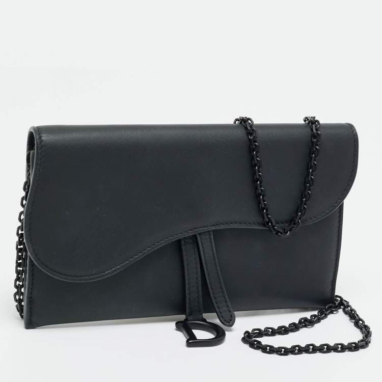 Pre Owned Dior Saddle Black Leather Wallet On Chain