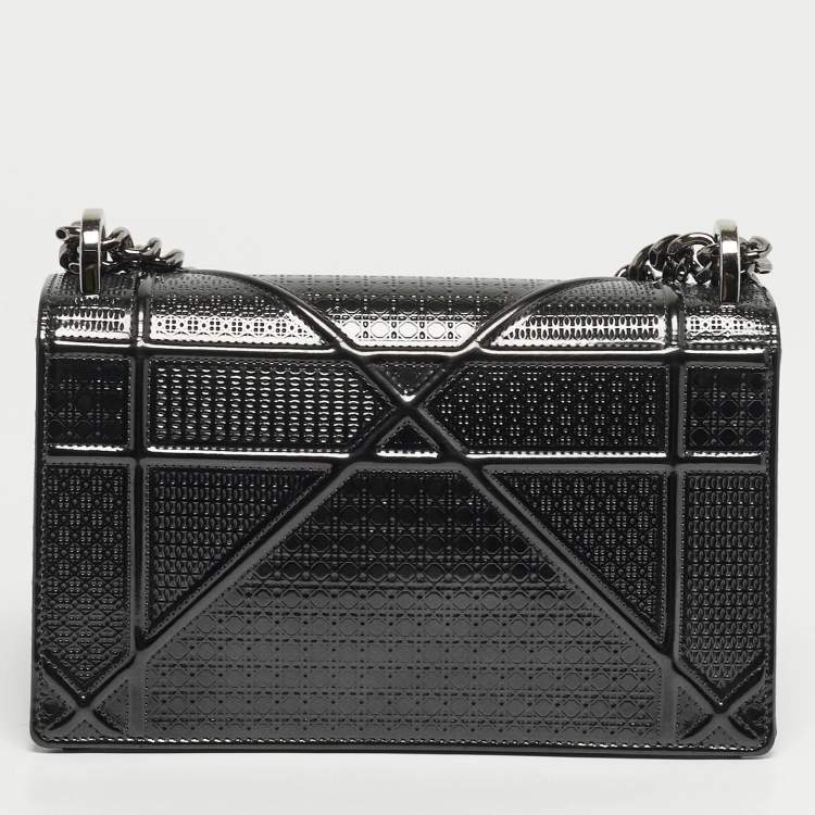 Pre Owned Dior Diorama Small Dark Grey Microcannage Patent Leather Flap Bag