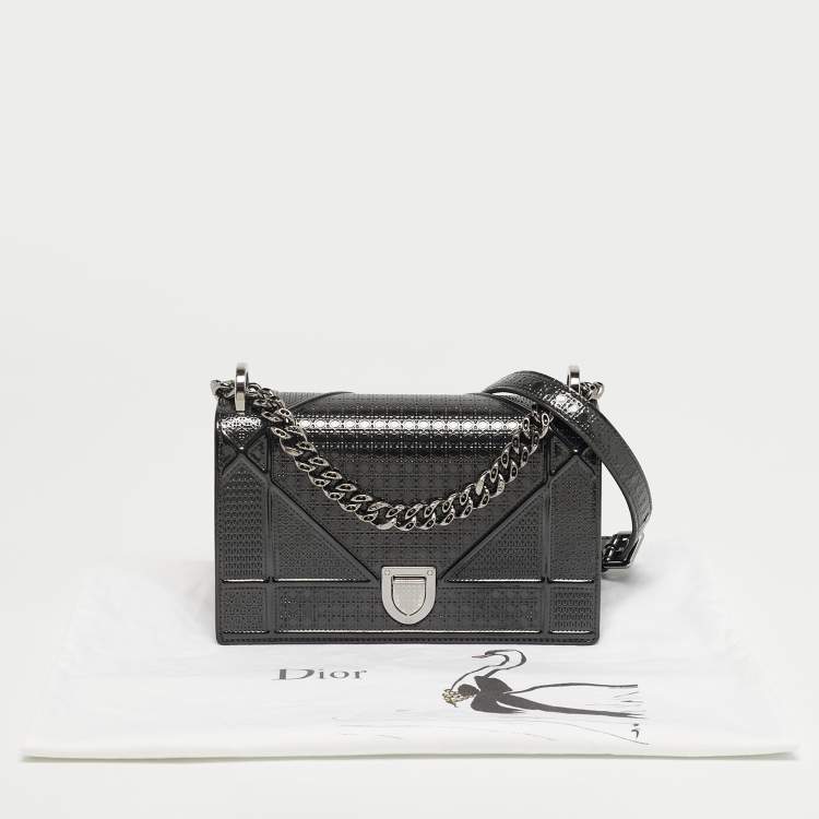 Pre Owned Dior Diorama Small Dark Grey Microcannage Patent Leather Flap Bag