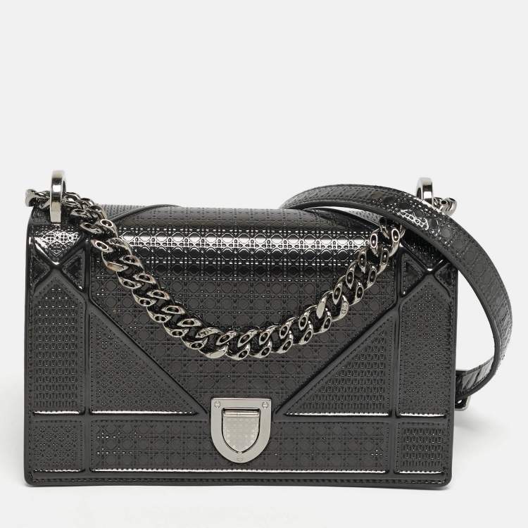 Pre Owned Dior Diorama Small Dark Grey Microcannage Patent Leather Flap Bag