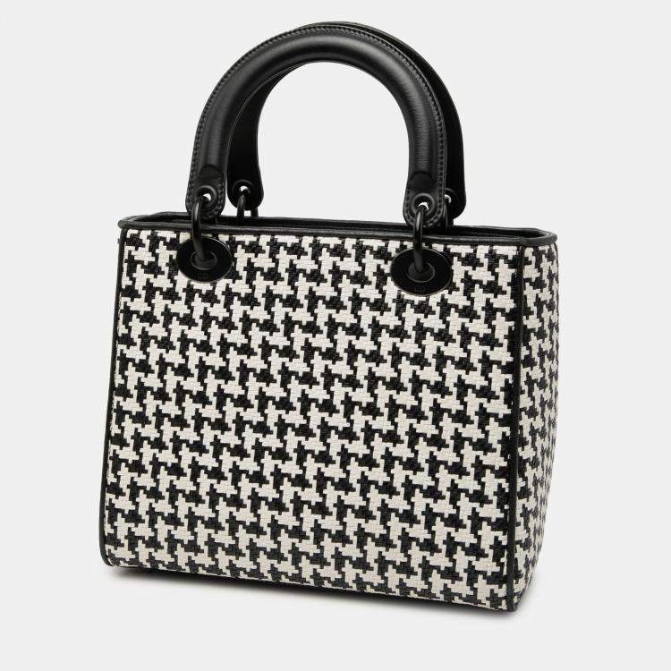 Pre Owned Dior Black White Medium Calfskin Woven Houndstooth Lady Dior
