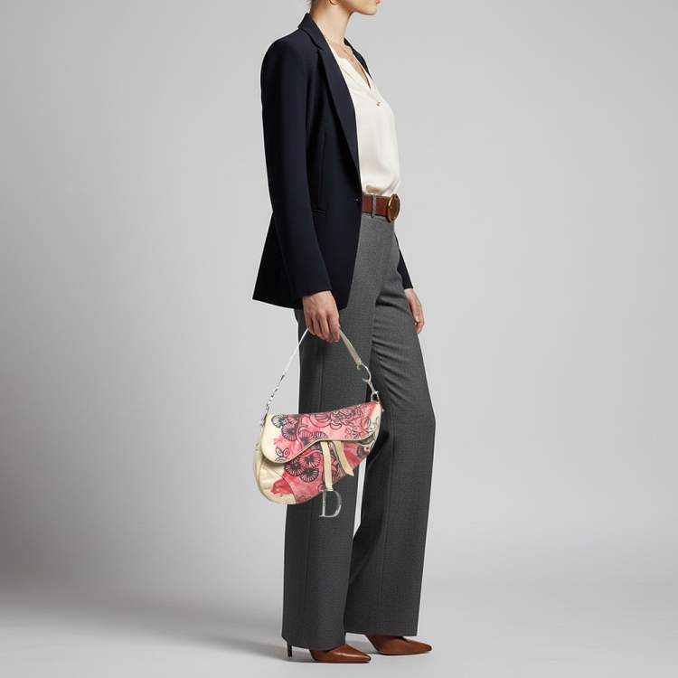 Pre Owned Dior Limited Edition 203 Saddle Off White/Red Printed Fabric Bag