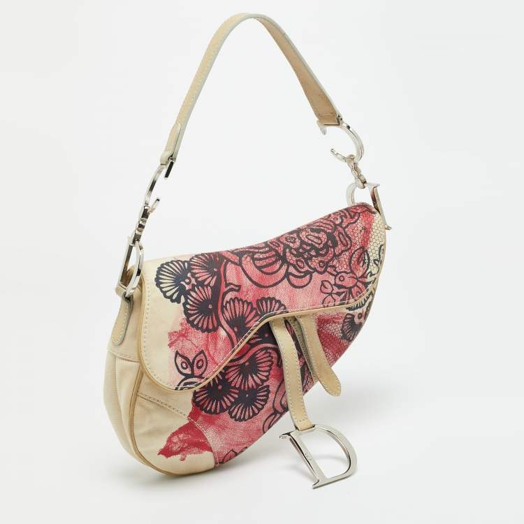 Pre Owned Dior Limited Edition 203 Saddle Off White/Red Printed Fabric Bag