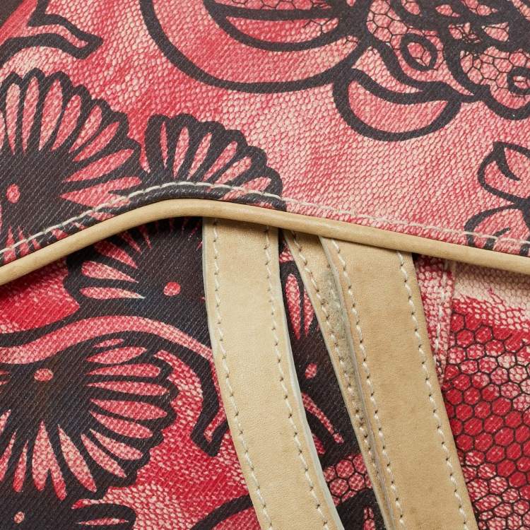Pre Owned Dior Limited Edition 203 Saddle Off White/Red Printed Fabric Bag