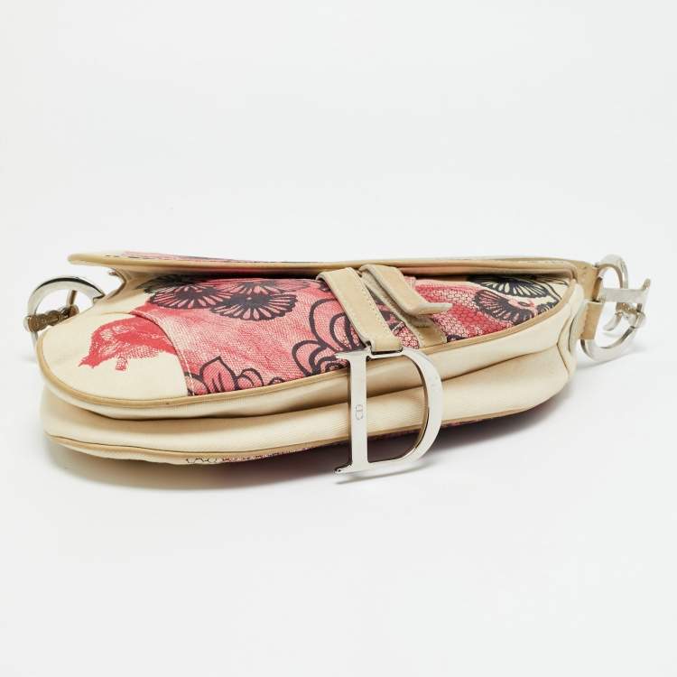 Pre Owned Dior Limited Edition 203 Saddle Off White/Red Printed Fabric Bag