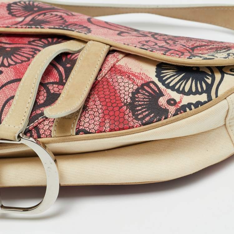 Pre Owned Dior Limited Edition 203 Saddle Off White/Red Printed Fabric Bag