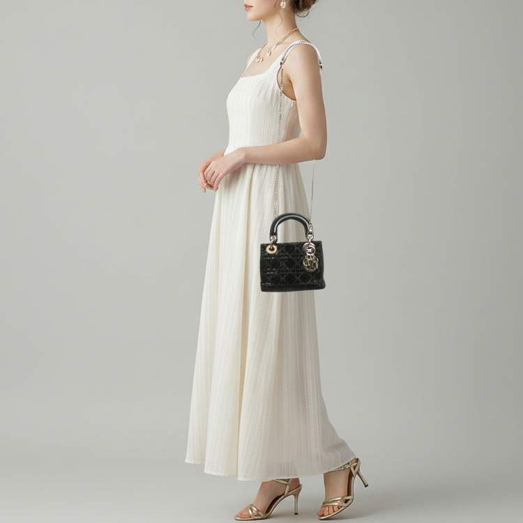 Pre Owned Dior Embroidered Beads Lady Dior Mini Leather and Suede Tote