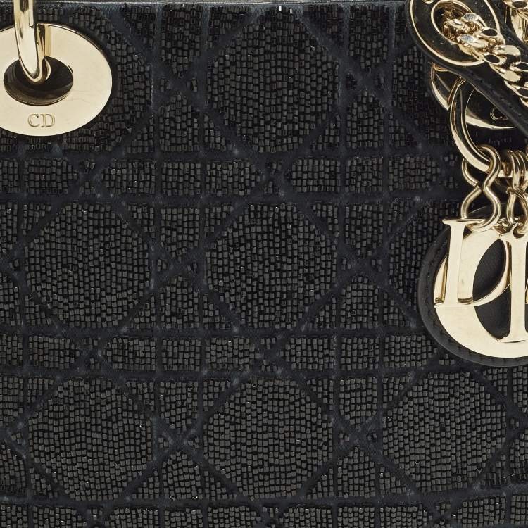 Pre Owned Dior Embroidered Beads Lady Dior Mini Leather and Suede Tote