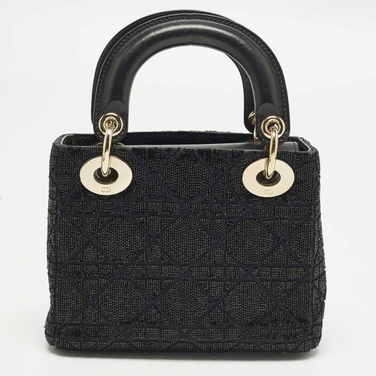 Pre Owned Dior Embroidered Beads Lady Dior Mini Leather and Suede Tote