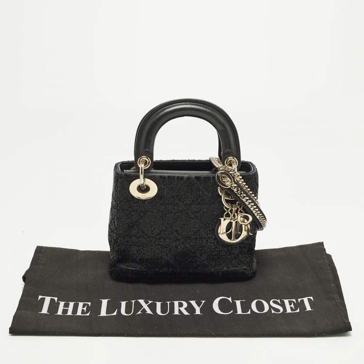 Pre Owned Dior Embroidered Beads Lady Dior Mini Leather and Suede Tote