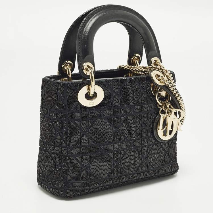 Pre Owned Dior Embroidered Beads Lady Dior Mini Leather and Suede Tote