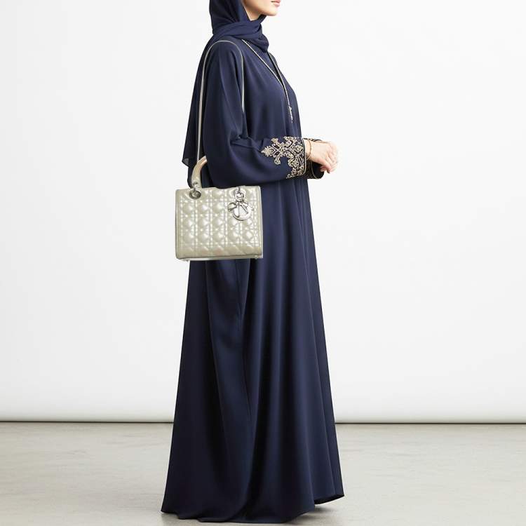 Pre Owned Dior Lady Dior Medium Grey Cannage Patent Leather Tote