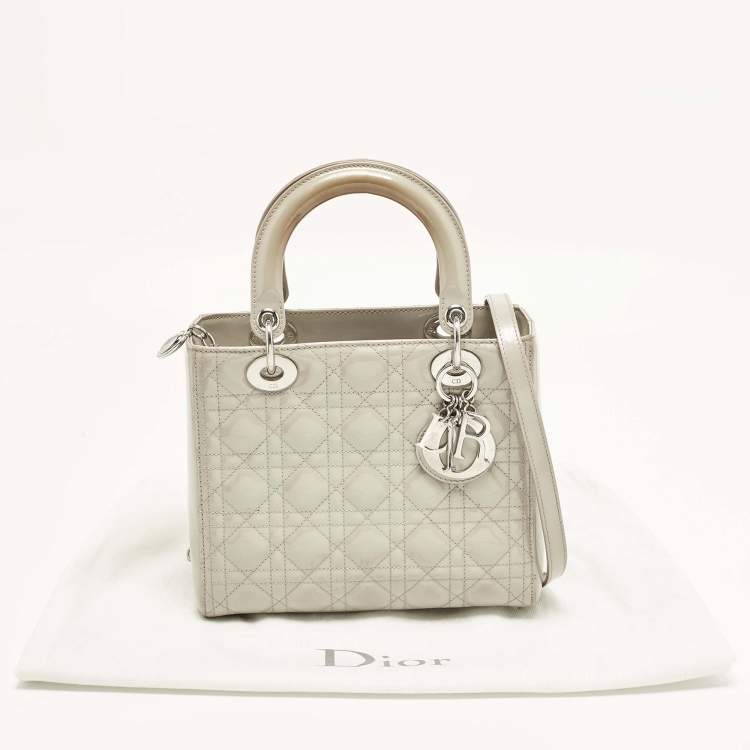 Pre Owned Dior Lady Dior Medium Grey Cannage Patent Leather Tote