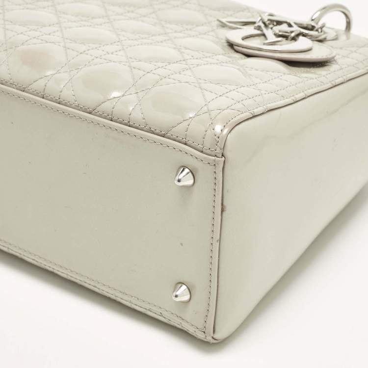 Pre Owned Dior Lady Dior Medium Grey Cannage Patent Leather Tote