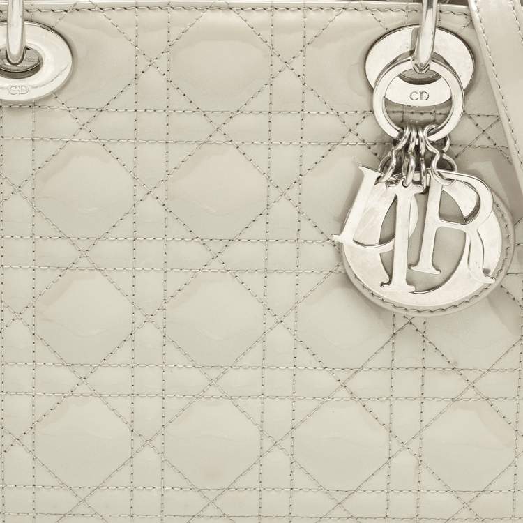 Pre Owned Dior Lady Dior Medium Grey Cannage Patent Leather Tote