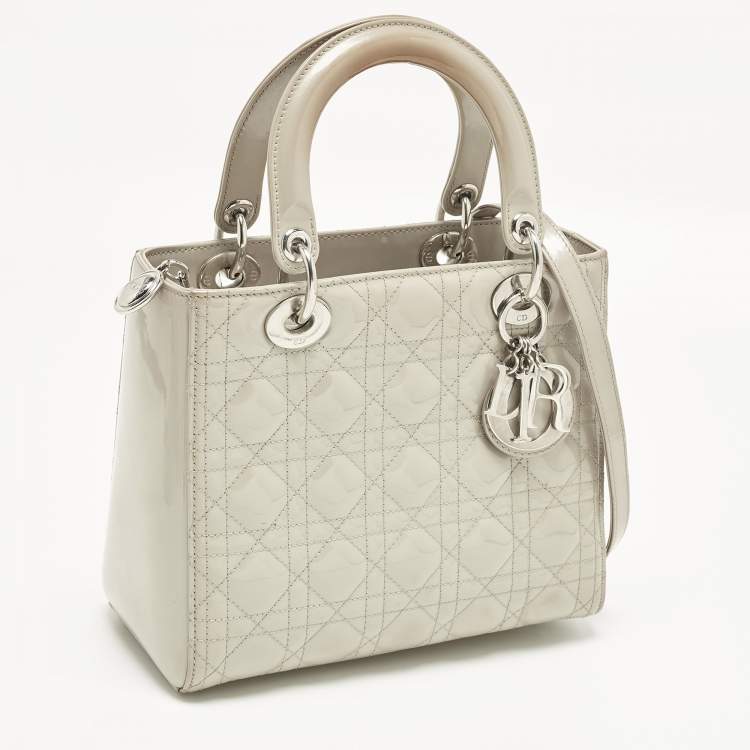 Pre Owned Dior Lady Dior Medium Grey Cannage Patent Leather Tote
