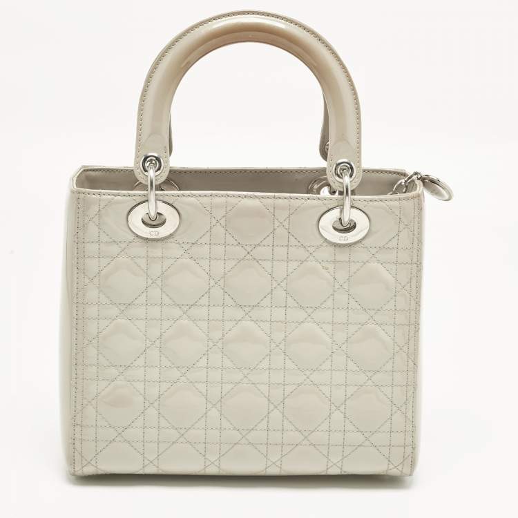 Pre Owned Dior Lady Dior Medium Grey Cannage Patent Leather Tote