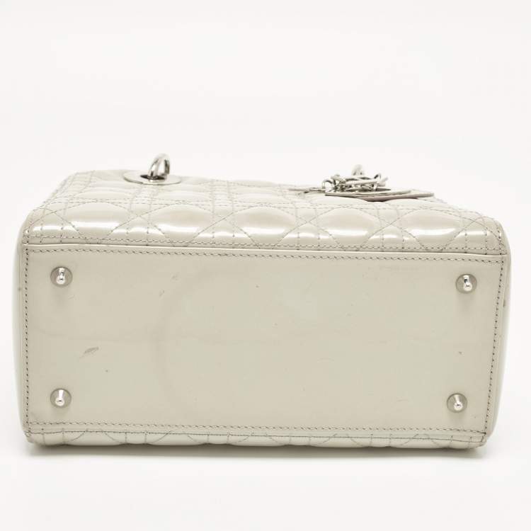 Pre Owned Dior Lady Dior Medium Grey Cannage Patent Leather Tote