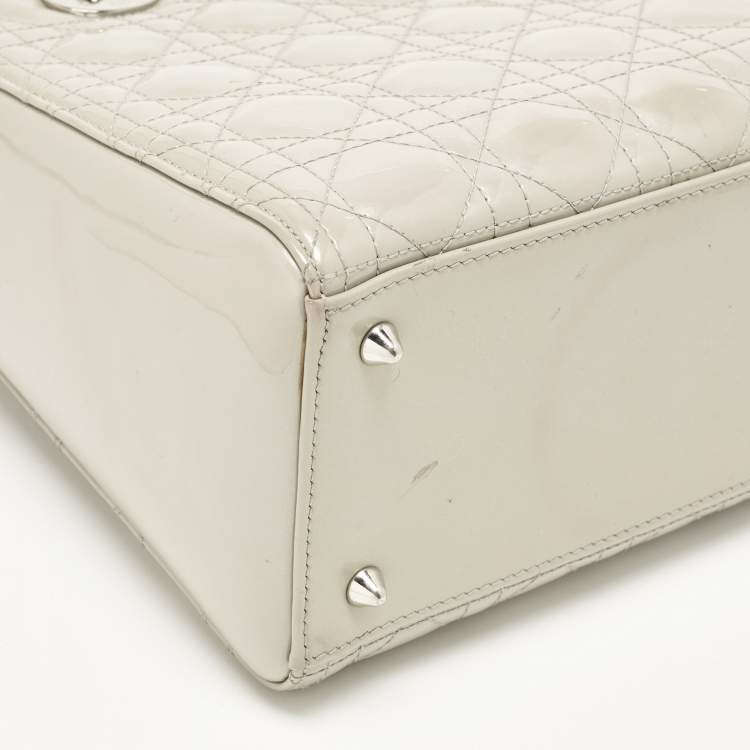 Pre Owned Dior Lady Dior Medium Grey Cannage Patent Leather Tote