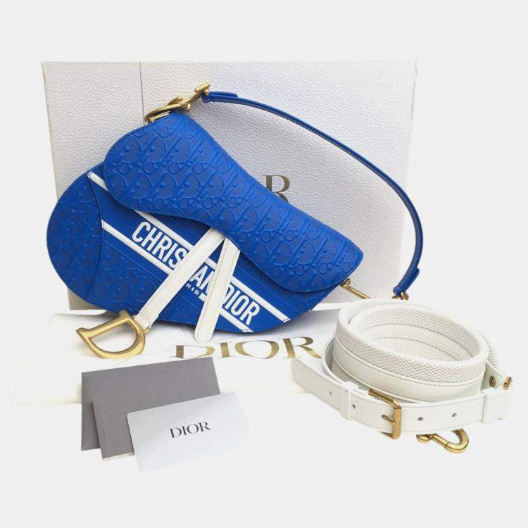 Pre Owned Dior Blue Perforated Oblique Embossed Calfskin Saddle Bag