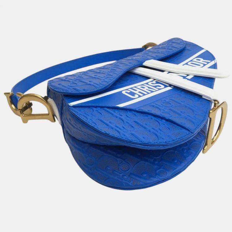 Pre Owned Dior Blue Perforated Oblique Embossed Calfskin Saddle Bag