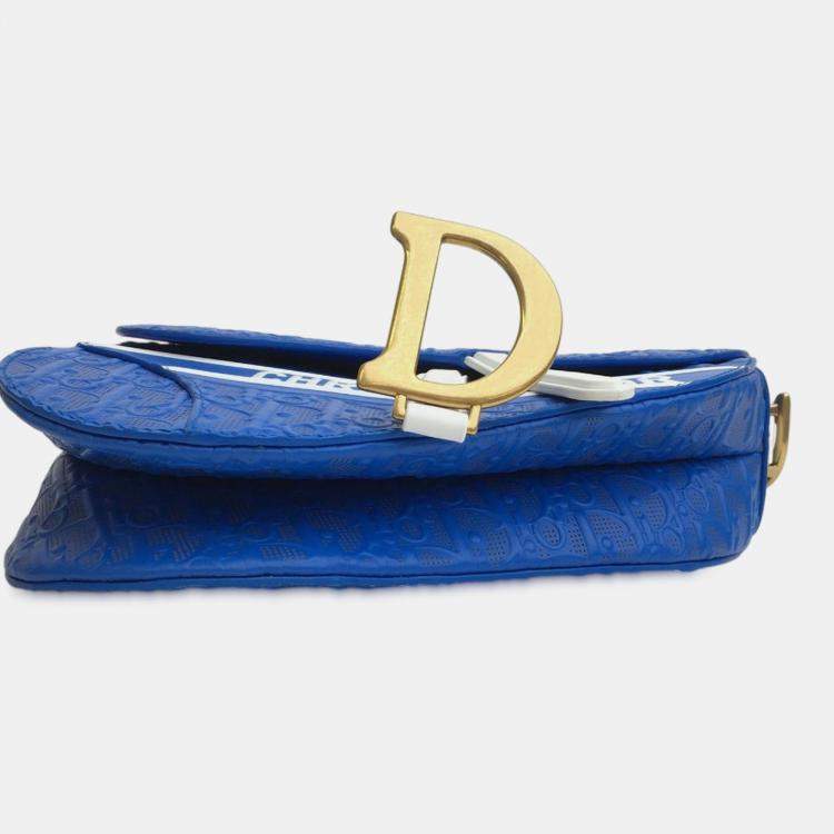 Pre Owned Dior Blue Perforated Oblique Embossed Calfskin Saddle Bag