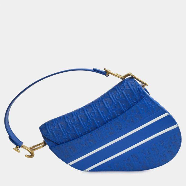 Pre Owned Dior Blue Perforated Oblique Embossed Calfskin Saddle Bag