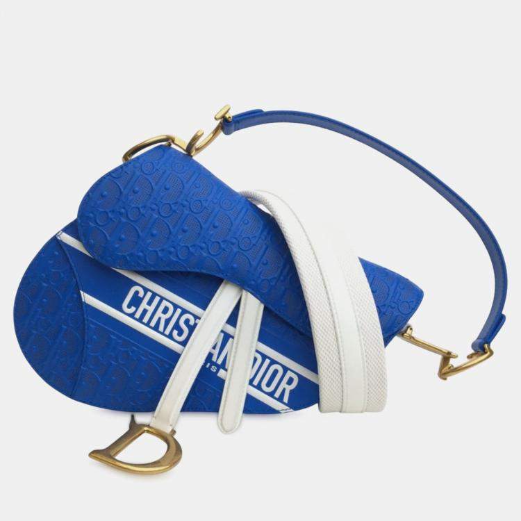 Pre Owned Dior Blue Perforated Oblique Embossed Calfskin Saddle Bag