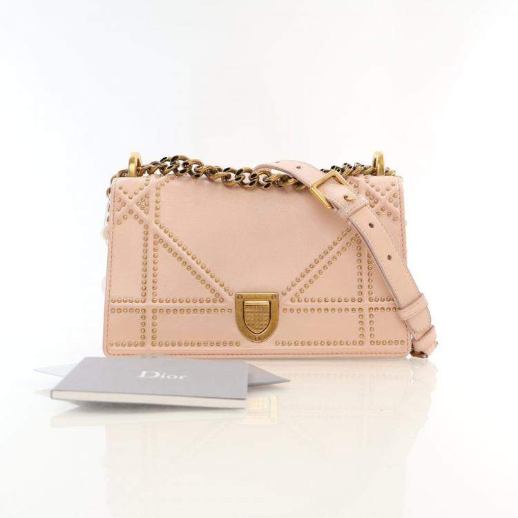 Pre Owned Dior Small Smooth Beige Calfskin Studded Diorama Flap Bag