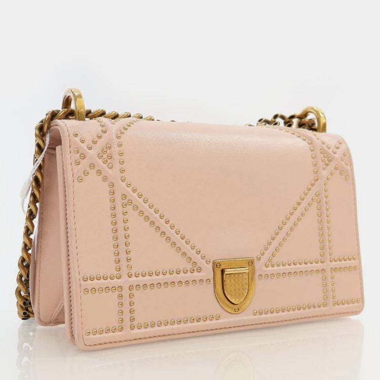 Pre Owned Dior Small Smooth Beige Calfskin Studded Diorama Flap Bag