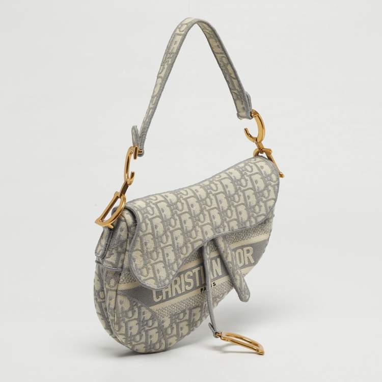 Pre Owned Dior Saddle Grey/Off White Oblique Embroidered Canvas Shoulder Bag