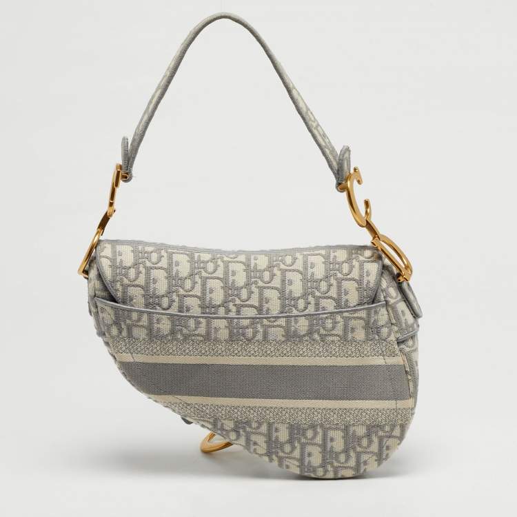 Pre Owned Dior Saddle Grey/Off White Oblique Embroidered Canvas Shoulder Bag