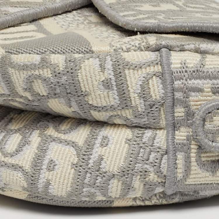 Pre Owned Dior Saddle Grey/Off White Oblique Embroidered Canvas Shoulder Bag