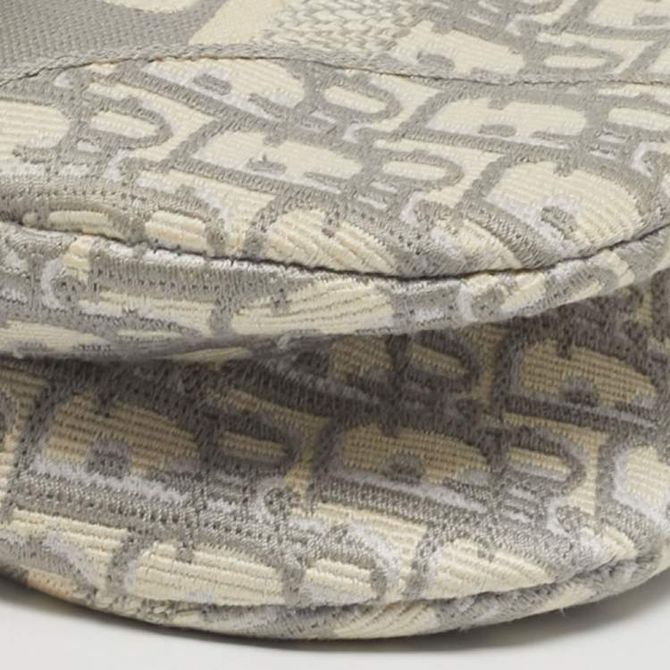 Pre Owned Dior Saddle Grey/Off White Oblique Embroidered Canvas Shoulder Bag