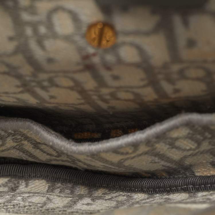 Pre Owned Dior Saddle Grey/Off White Oblique Embroidered Canvas Shoulder Bag