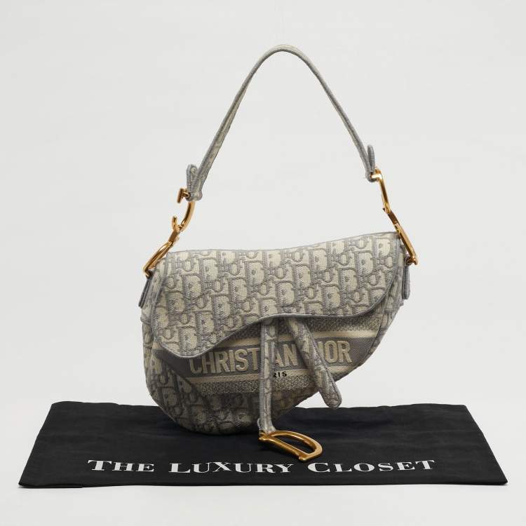Pre Owned Dior Saddle Grey/Off White Oblique Embroidered Canvas Shoulder Bag